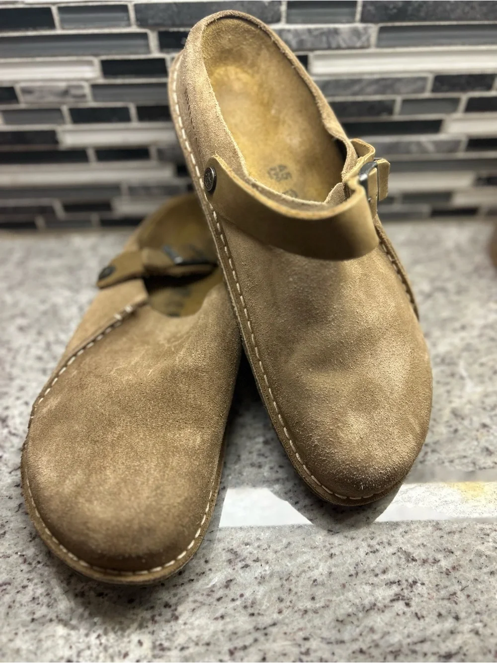 Birkenstock Men's Lutry Suede Slip-On Clog in tan size 12(45)